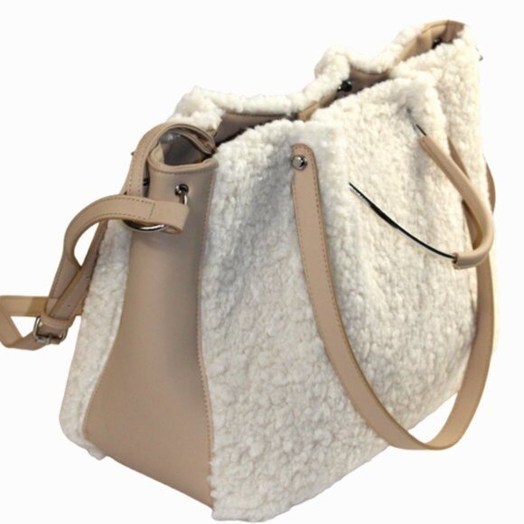 House Of Harlow 1960 Tan Cream Sherpa Shearling Detachable Wristlet Jumbo Tote - Picture 8 of 13